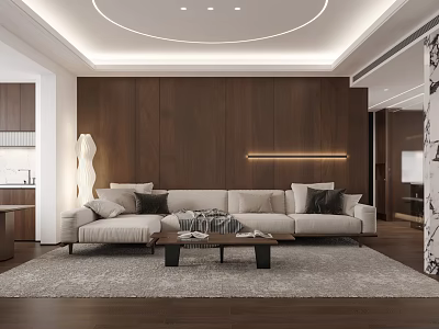 Modern Living Dining Room Interior with Wooden Wall Beige Sofa Coffee Table Circular Ceiling Light 3d model