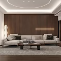 Modern Living Dining Room Interior with Wooden Wall Beige Sofa Coffee Table Circular Ceiling Light