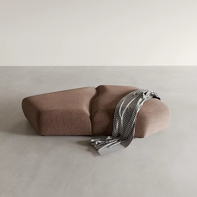 Cozy Brown Upholstered Ottoman With Plaid Blanket In Modern Minimalist Design 3d model