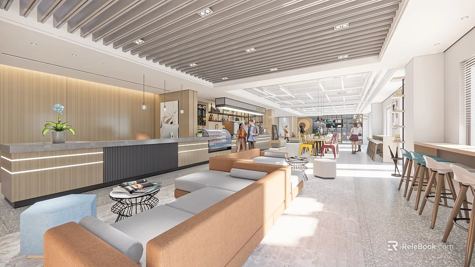 Modern Stylish Coffee Shop Interior With Comfortable Seating Bar And Green Plants 3d model 