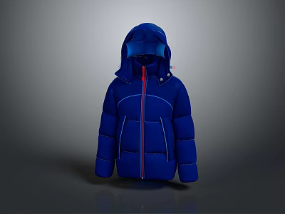 Blue Hooded Puffy Kids Down Jacket With Front Zipper And Stitch Details 3d model