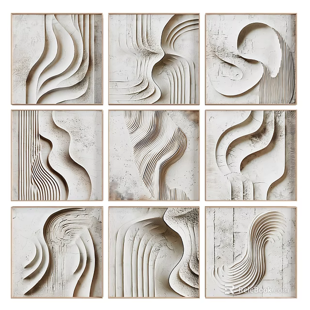 Abstract Paintings Showcasing Wavy Lines Textured Patterns And Neutral Tones In Grid Layout 3d model