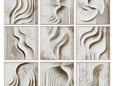 Abstract Paintings Showcasing Wavy Lines Textured Patterns And Neutral Tones In Grid Layout 3d model