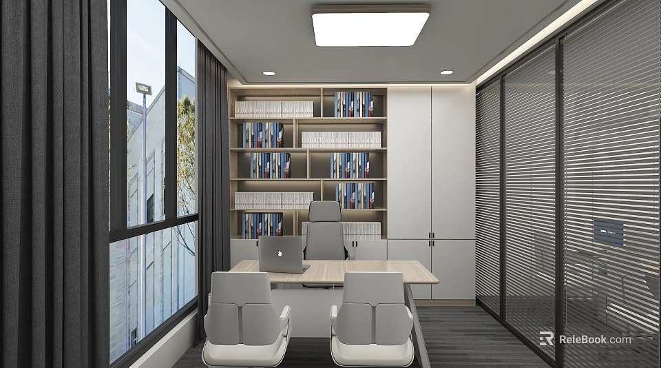 Modern Office Interior With Bookshelves Desk Chairs And Large Windows Blinds 3d model 