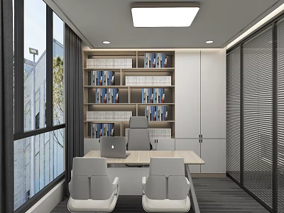 Modern Office Interior With Bookshelves Desk Chairs And Large Windows Blinds 3d model