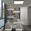 Modern Office Interior With Bookshelves Desk Chairs And Large Windows Blinds