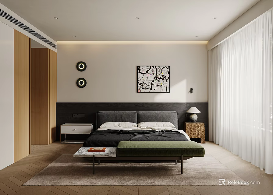Modern Bedroom Interior With Bed Green Bench Wall Artwork Circular Decor And White Curtains 3d model