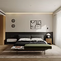 Modern Bedroom Interior With Bed Green Bench Wall Artwork Circular Decor And White Curtains 3d model