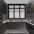 Modern Kitchen Interior With Wooden Cabinets Large Window Blinds And Double Sink Countertop