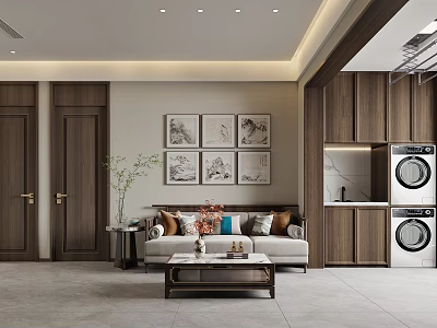 Modern Living Room Interior With Wooden Elements Beige Sofa Wall Art And Greenery 3d model