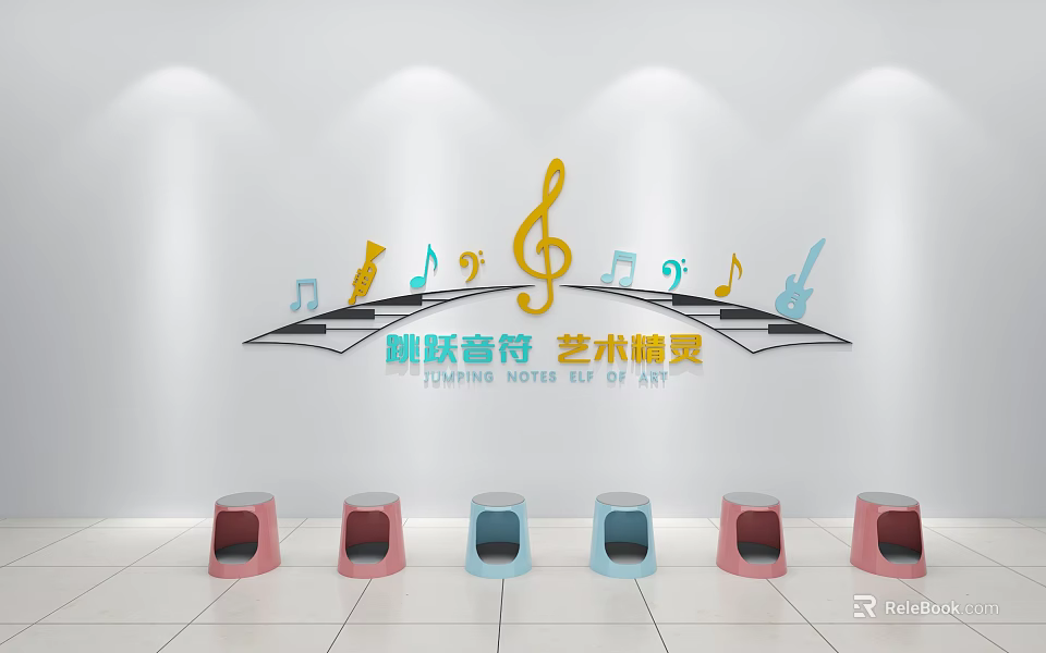 School Art Space with Musical Notes Wall Decor and Colorful Stools 3d model 