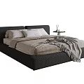 Double Bed with Black Woven Frame Light Mattress Pillows Gray Throw and Side Table Vase 3d model