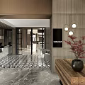 Modern Restaurant Interior With Open Layout Geometric Tiled Floor Wooden Decor Buffet Counters Fruit Displays