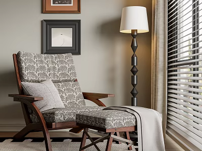 Comfortable Lounge Chair With Patterned Gray Cushions Wooden Armrests Floor Lamp And Window Blinds 3d model