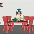Red Kids Table With Two Chairs And Colorful Toys In Playroom
