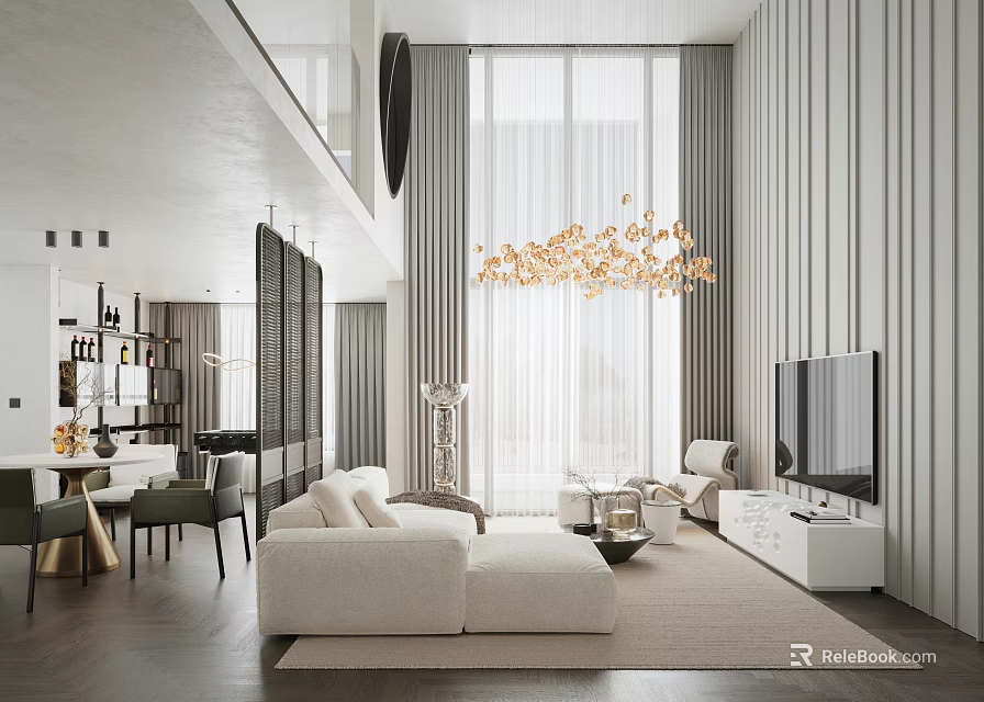 Modern Living And Dining Room Interior Design With Sofa Chandelier TV And Dining Table 3d model 