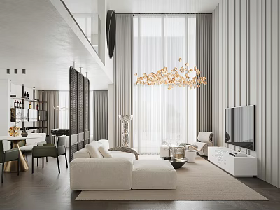 Modern Living And Dining Room Interior Design With Sofa Chandelier TV And Dining Table 3d model