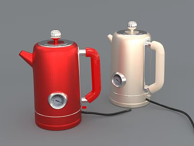 Stylish Kitchen Appliances Red And Cream Electric Kettles With Silver Dials And Black Power Cords 3d model