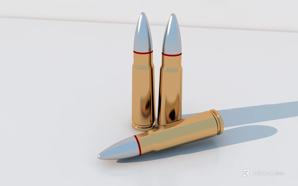 Weapon Bullets With Golden Bodies Silver Tips And Red Rings Two Standing One Lying 3d model 