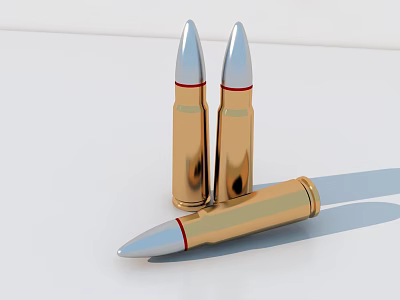 Weapon Bullets With Golden Bodies Silver Tips And Red Rings Two Standing One Lying 3d model