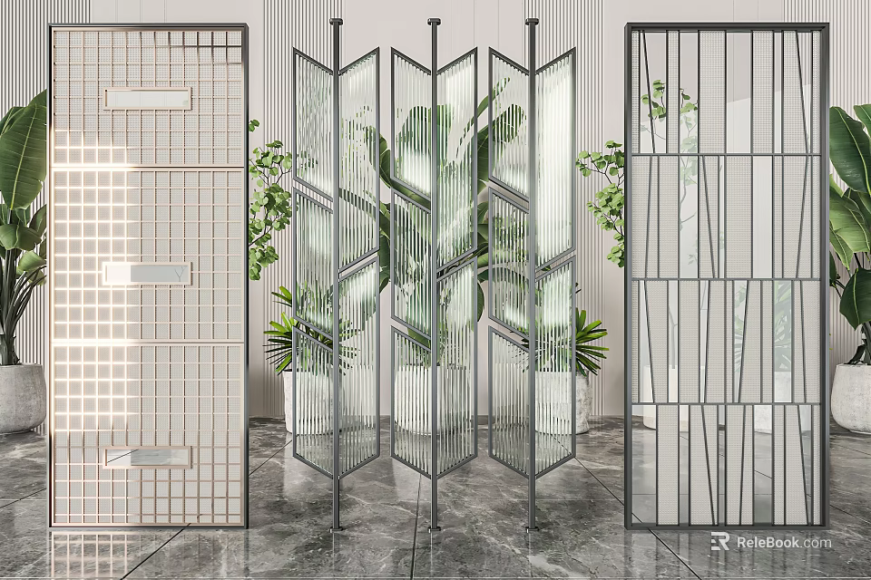 Modern Interior Room Dividers With Geometric Metal Frames And Glass Panels 3d model 
