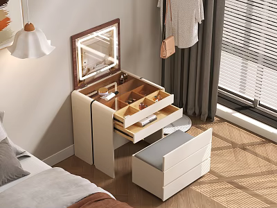 Light Colored Vanity Table With Open Drawers Mirror And Stool In Bedroom 3d model