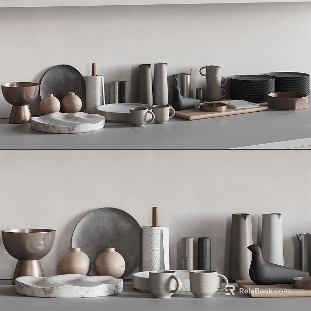 Assorted Kitchenware Display With Metal Marble Bowls Plates Cups On Neutral Countertop 3d model 