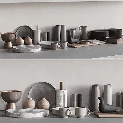 Assorted Kitchenware Display With Metal Marble Bowls Plates Cups On Neutral Countertop 3d model