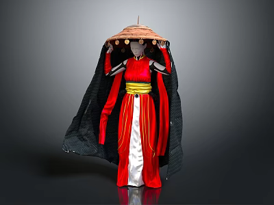 Traditional Costume Mannequin Wearing Red White Robe Black Cape Yellow Belt And Bamboo Hat 3d model