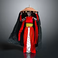 Traditional Costume Mannequin Wearing Red White Robe Black Cape Yellow Belt And Bamboo Hat