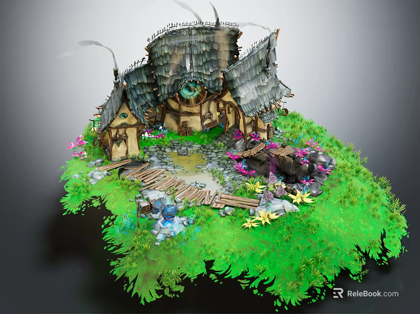 Cartoon Fairy Tale Scene With Thatched Roof House Green Grass Colorful Flowers And Wooden Pathway 3d model 