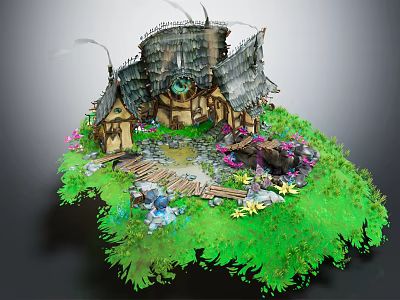 Cartoon Fairy Tale Scene With Thatched Roof House Green Grass Colorful Flowers And Wooden Pathway 3d model