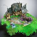 Cartoon Fairy Tale Scene With Thatched Roof House Green Grass Colorful Flowers And Wooden Pathway