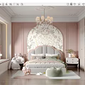 Cozy Kids Room With Pink Walls Arched Floral Accent Wall Chandelier Window Seat And Stuffed Toys