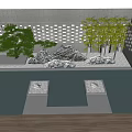 Garden Decor With Pine Tree Rockery Water Feature Small Lanterns Statues And Perforated Wall