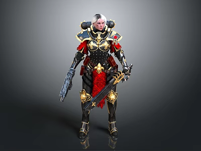 Game Movie Warrior Character With White Hair Ornate Armor Gold Red Accents And Weapons 3d model