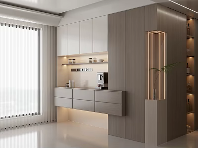Modern Light Grey Sideboard Cabinet with Built in Lighting and Storage in Contemporary Dining Room 3d model