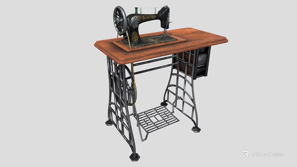 Vintage Sewing Machine On Wooden Table With Metal Frame And Storage Shelf 3d model 