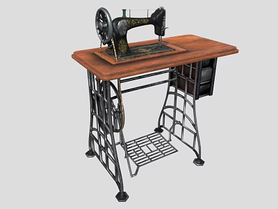 Vintage Sewing Machine On Wooden Table With Metal Frame And Storage Shelf 3d model