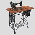 Vintage Sewing Machine On Wooden Table With Metal Frame And Storage Shelf
