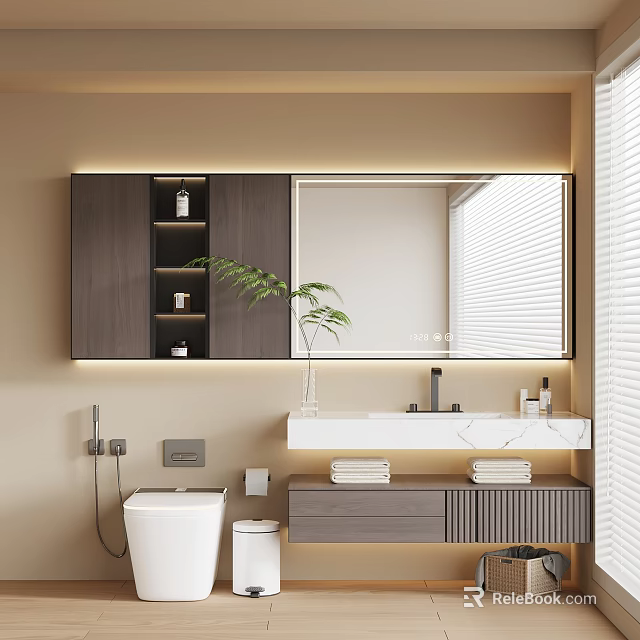 Modern Bathroom Vanity Cabinet With Mirror Marble Countertop Green Plant And Towels 3d model 