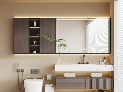 Modern Bathroom Vanity Cabinet With Mirror Marble Countertop Green Plant And Towels 3d model