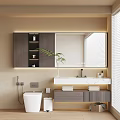 Modern Bathroom Vanity Cabinet With Mirror Marble Countertop Green Plant And Towels