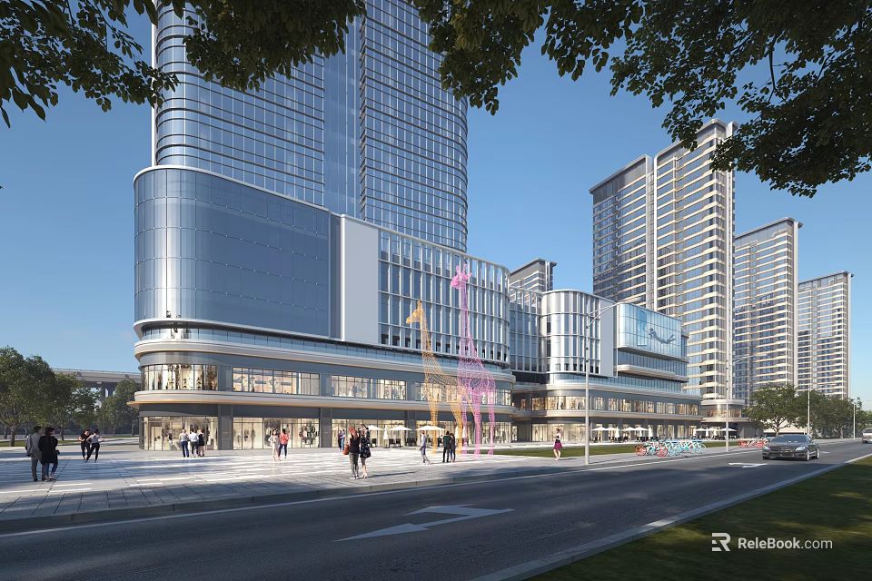 Vibrant Modern Urban Commercial Street With Tall Buildings Pedestrians And Storefronts 3d model 
