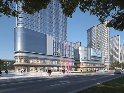 Vibrant Modern Urban Commercial Street With Tall Buildings Pedestrians And Storefronts 3d model