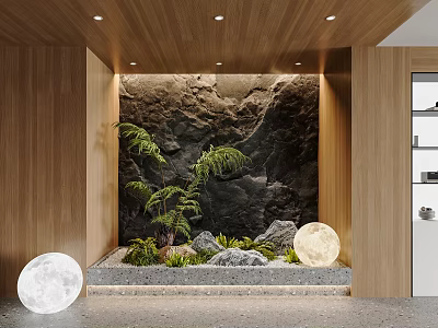 Modern Feature Wall Design With Natural Stone Texture And Green Plants Lighting 3d model