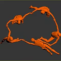 Orange Human Figures Holding Hands In Circle With Leaping Poses On Gray Reflective Floor