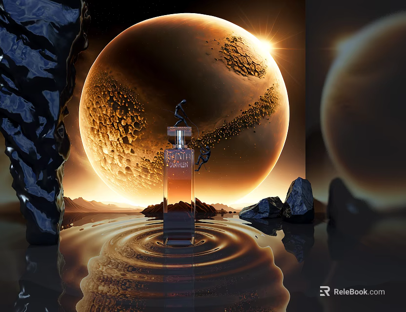 Perfume Bottle In Sci Fi Landscape With Planet And Water 3d model 