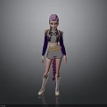 Stylish Woman with Purple Hair Wearing Purple Top Silver Shorts White Boots and Fringe Details