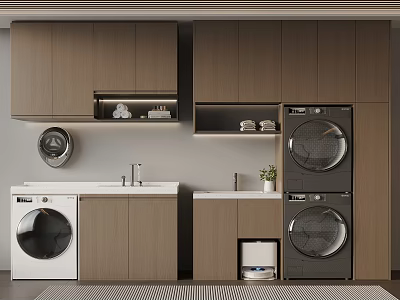 Modern Laundry Room With Built in Washing Machines And Wooden Storage Cabinets 3d model